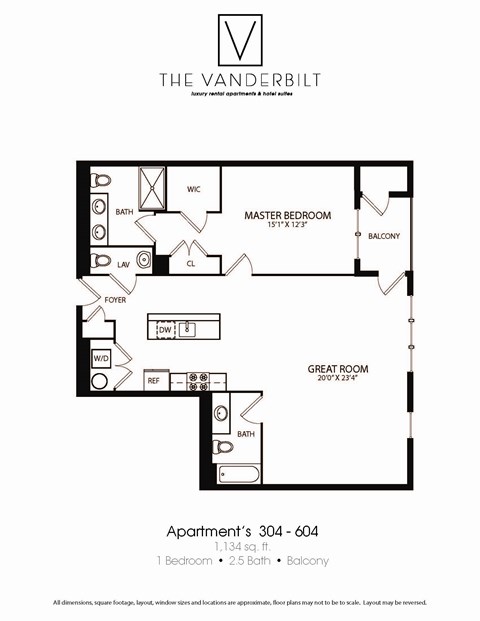 Floor plan for 1 bed, 2.5 baths, 1134 sqft